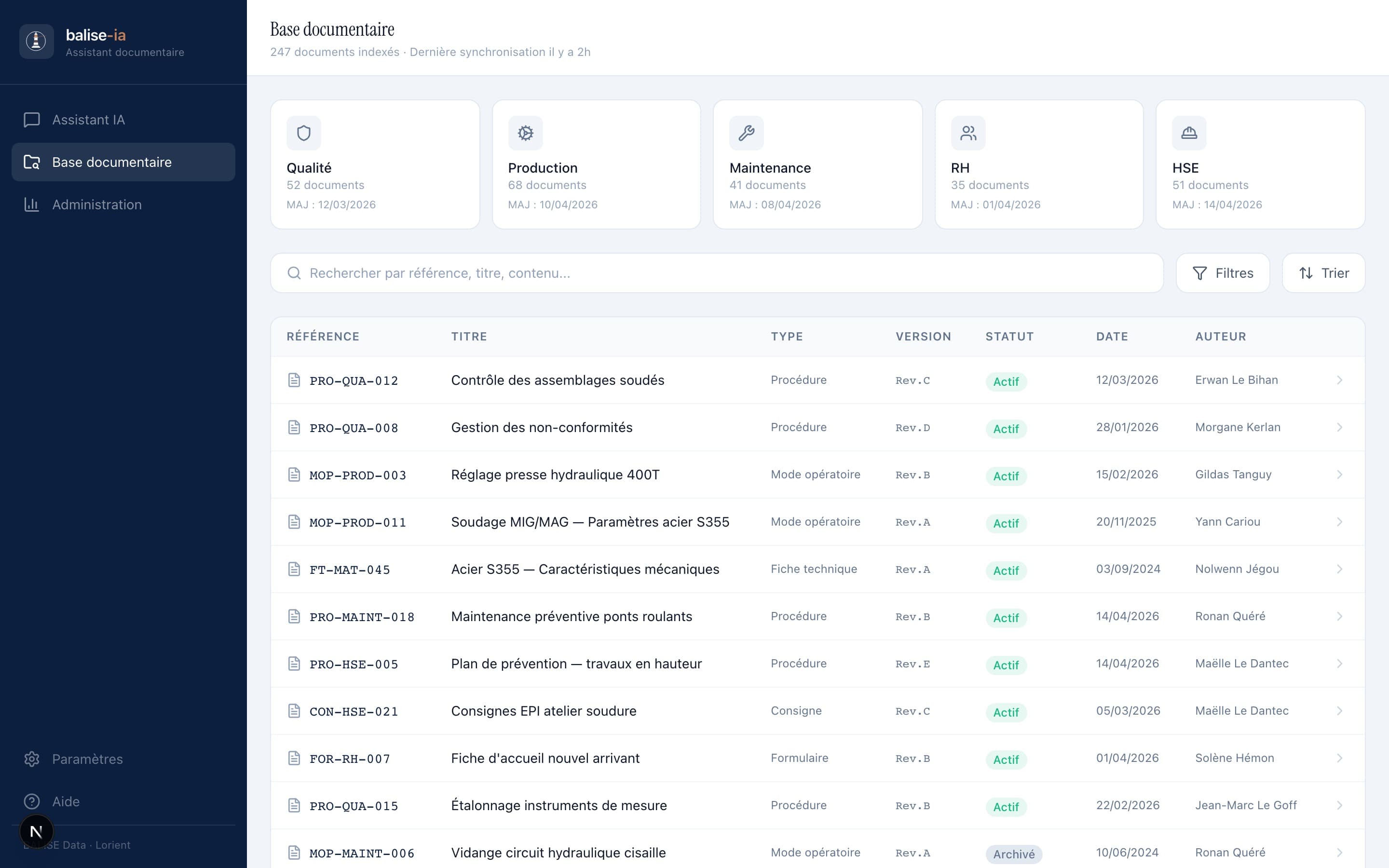 Base documentaire — arborescence par catégorie avec recherche et métadonnées