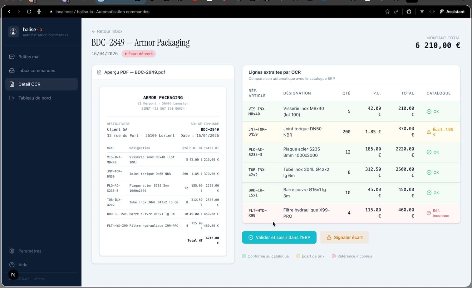 Détail OCR — aperçu PDF et comparaison catalogue ERP