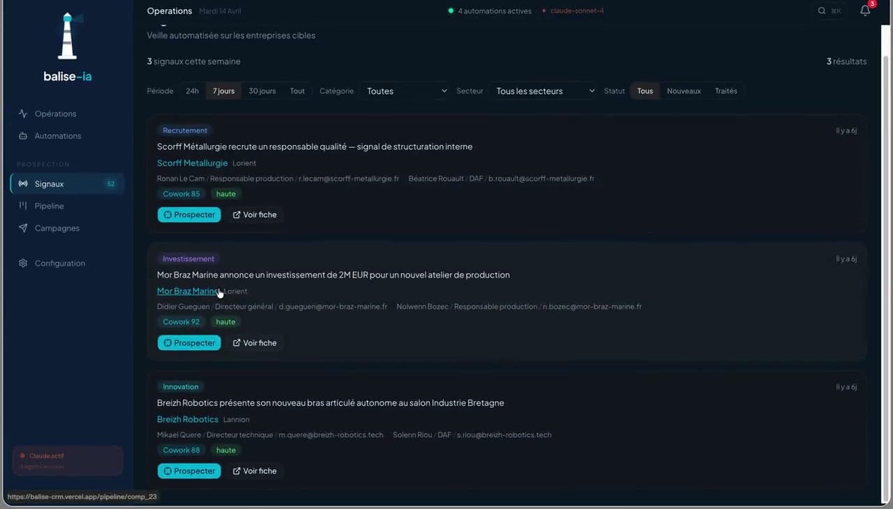 Signaux business détectés automatiquement — recrutement, investissement, innovation